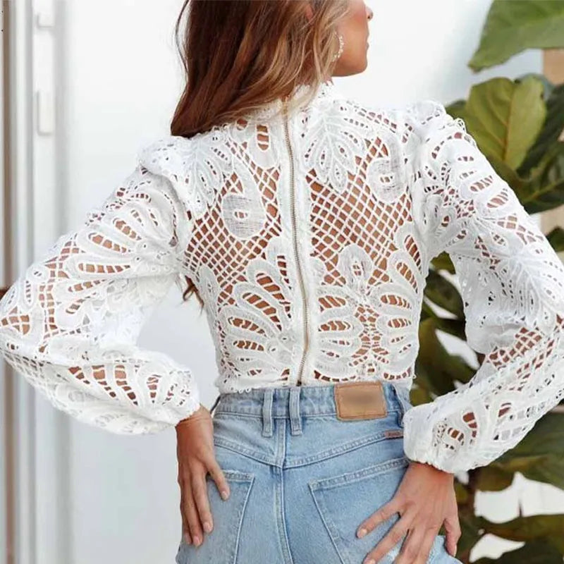 Sexy Long Sleeve Lace Blouse Crochet Hollow Out Cropped