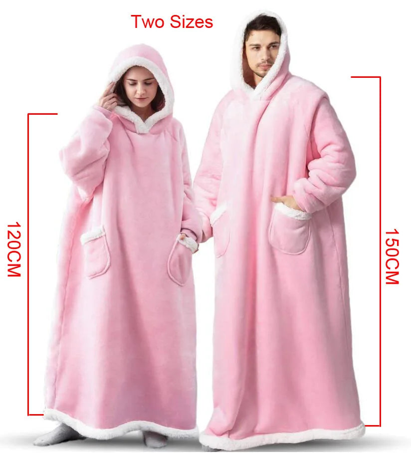 Long Winter Blanket With Sleeves Plush Fleece Wearable Sofa Hooded Blanket