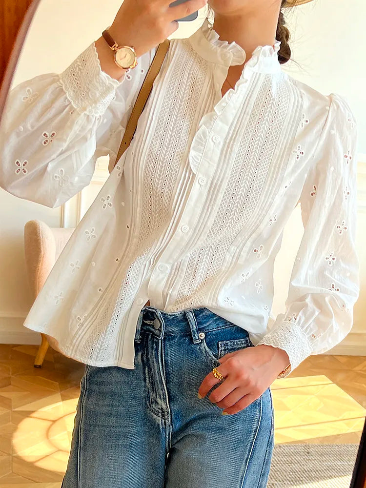 Elegant Chic Blouse Shirt Cotton White Hollow Out Embroidery Blouse