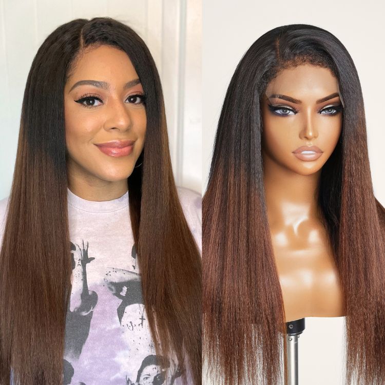 Kinky Straight 5x5 Closure Lace Glueless Side Part Long Wig 100% Human Hair
