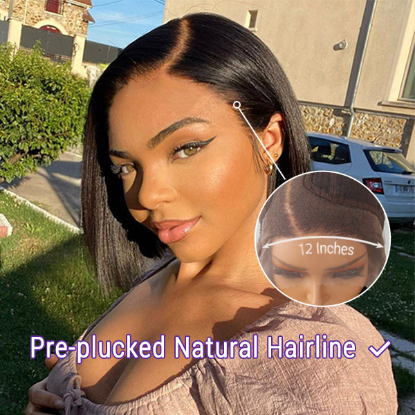 Super Natural Side Part Glueless Wide T Lace Bob Wig 100% Human Hair