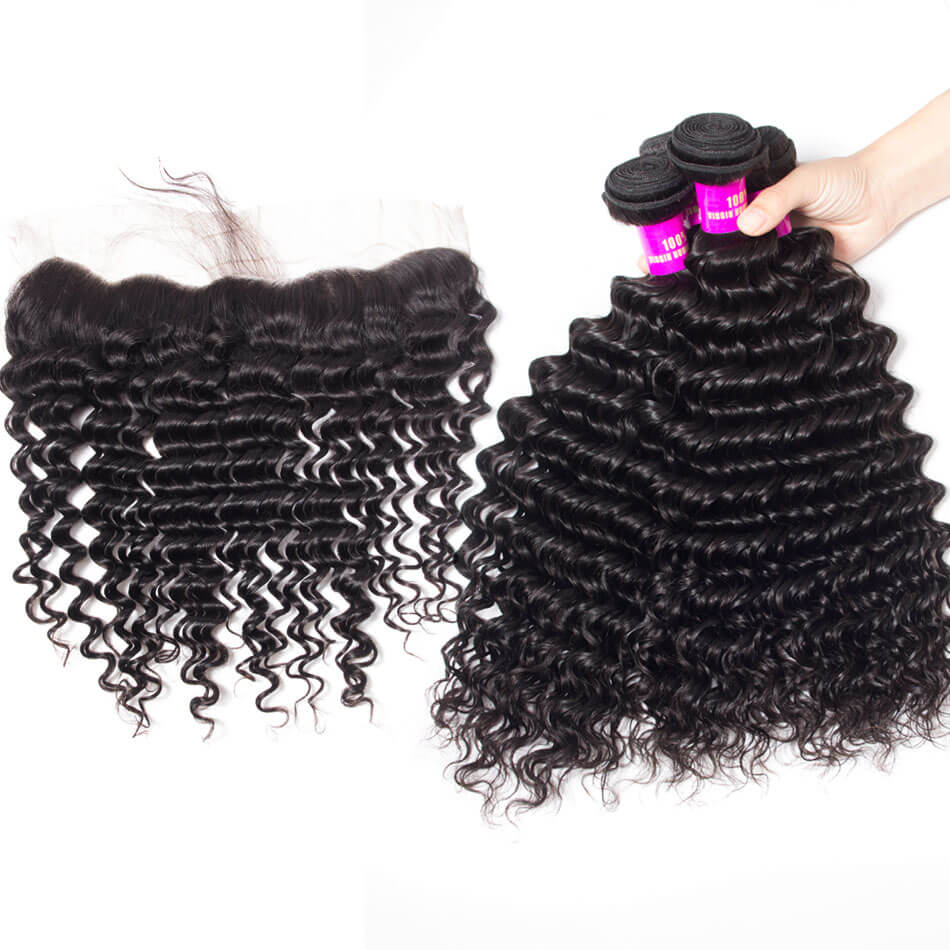 12A Grade Virgin Hair 4 Bundles With 13X4 Lace Frontal Deep Curly Wave Natural Black