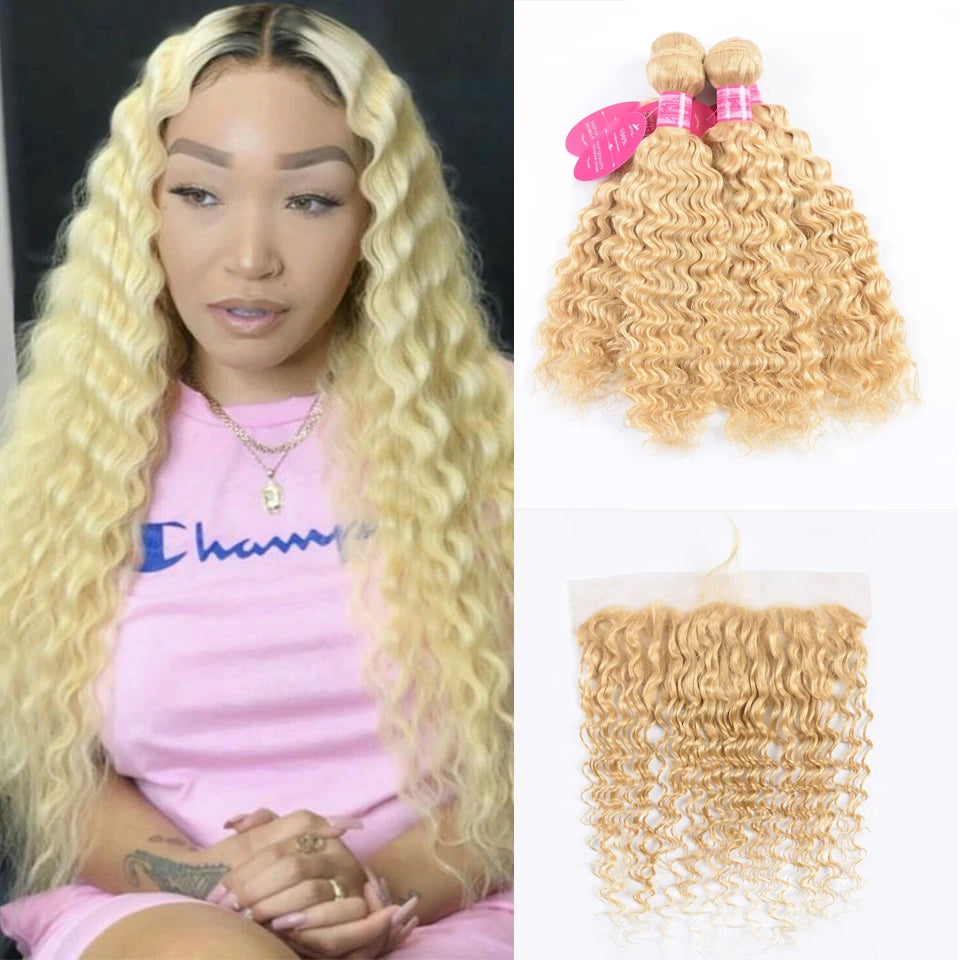Hair 613 Blonde 4 Bundles With 13X4 Lace Frontal Deep Wave Human Hair