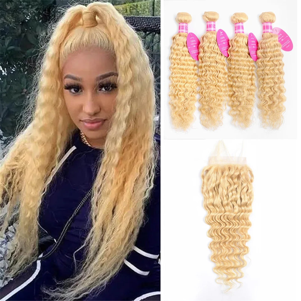 Hair 613 Blonde Deep Wave 4 Bundles With Closure Virgin Human Hair
