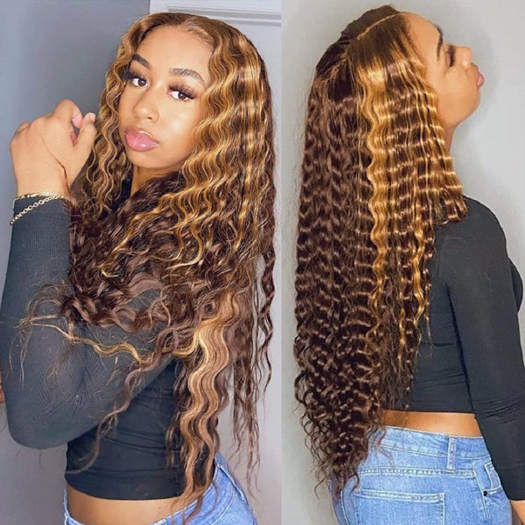 Ombre Highlight Lace Front Wig Human Hair Deep Wave Wig