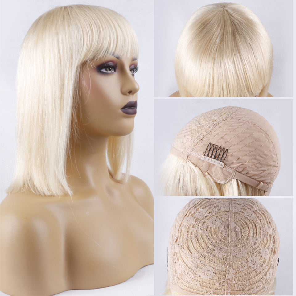 613 Blonde Straight Short Bob Wig With Bangs Human Hair Wigs Fringe Wigs