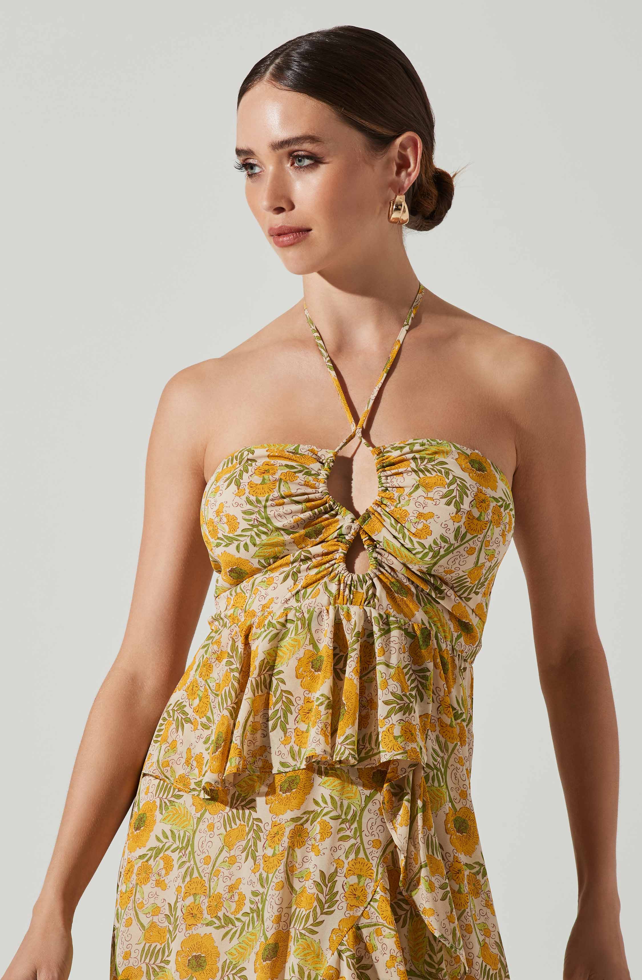 Vivee Floral Asymmetrical Halter Maxi Dress