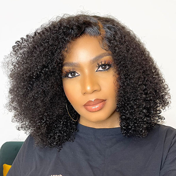 Afro Kinky Curly 5x5 Closure Lace Glueless S Part Shoulder Length Wig 100% Human Hair