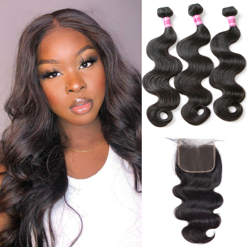 Body Wave 3/4 Bundles With Lace Closure Human Hair Wigs