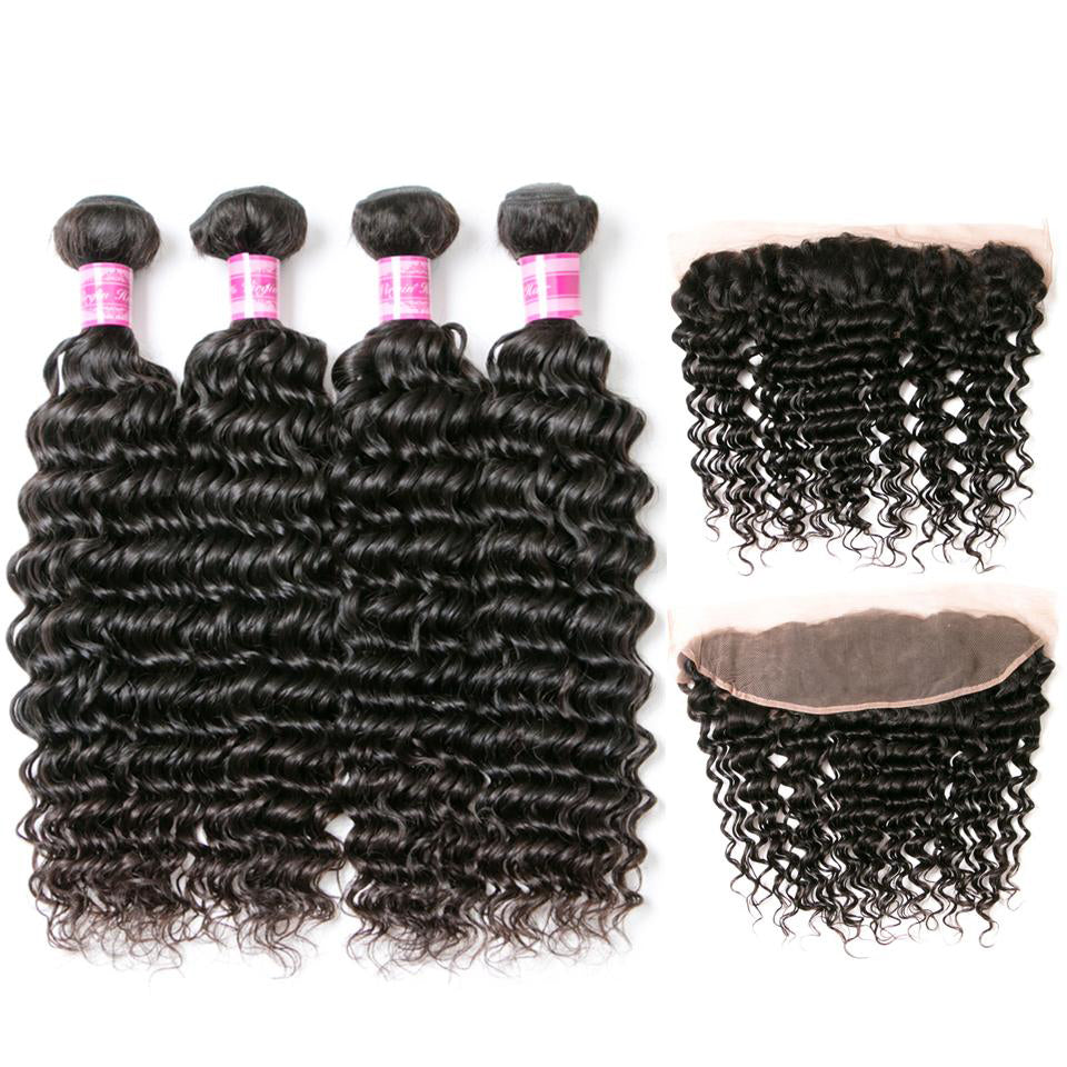 Deep Wave 4 Bundles With 13X4 Lace Frontal Wigs Hair Bundles